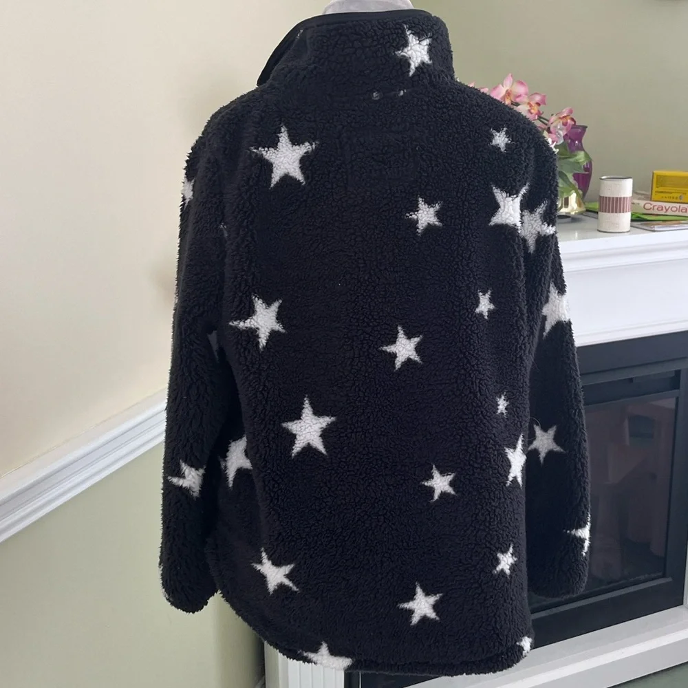 COZY SHERPA Black & White Star Sherpa Faux Fur Pullover 1/4 Zip  Warm Jacket XL